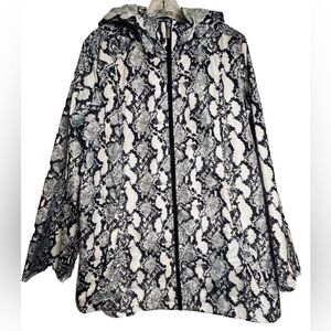 Susan Graver Gray White Snake Print Wind Breaker Hood Cinch Waist Pockets Size L